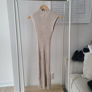 Sleeveless Ribbed Knit Turtleneck Dress Tan